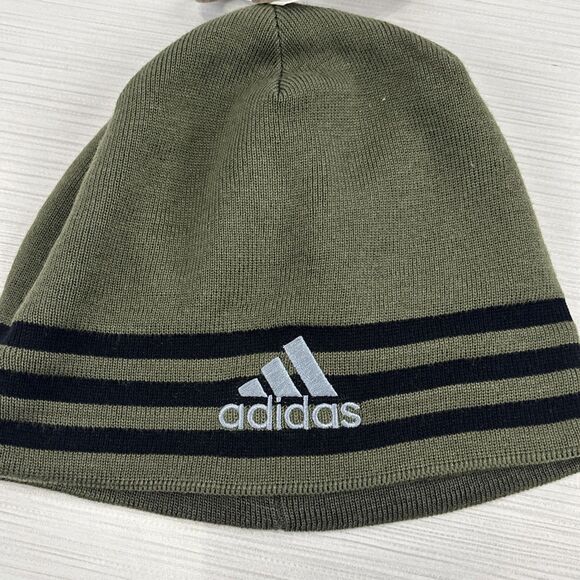 Adidas Mens Beanie Olive Green Hat Eclipse Reversible 3 Striped Beanie Cap NWT - Picture 2 of 5